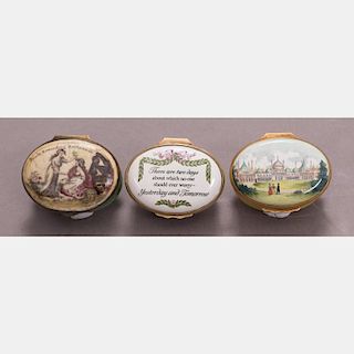 A Group of Three Enameled Battersea Boxes, 19th/20th Century.
