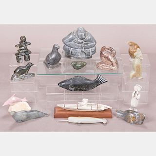 A Group of Fifteen Inuit Carved Stone Sculptures by Various Artists, 20th Century,