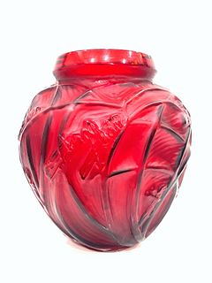 Art Deco Red Glass Vase Signed R Lalique France
