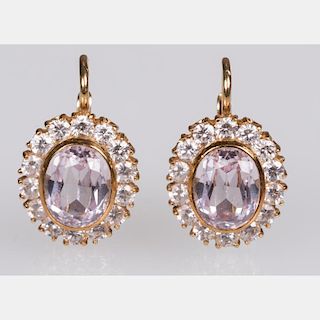 A Pair of 18kt. Yellow Gold, Kunzite, and Clear Stone Earrings,