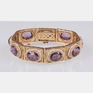 A 14kt. Yellow Gold, Amethyst and Seed Pearl Bracelet,