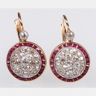 A Pair of 14kt. Yellow Gold, Diamond, and Ruby Earrings,