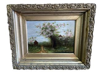 Signed E.A.R Still life Oil on Canvas of Painting Blooming Pear Tree 