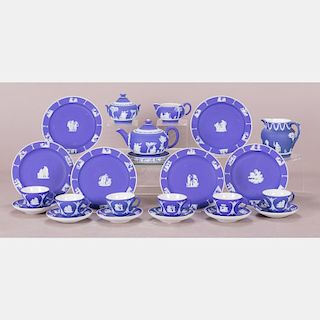 A Wedgwood Dark Blue Jasperware Tea Set, 20th Century,