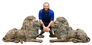 Pair of Outdoor Recumbent Bronze Lions