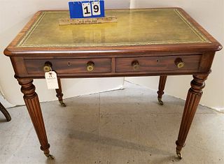 19TH C ENGLISH MAHOG 2 DRAWER LIBRARY TABLE W/ LEATHER TOP 30"H X 36"W X 23 1/2"D CORDTS MANSION