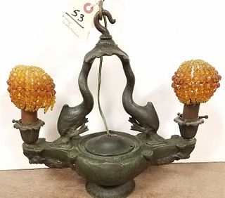 CAST BRONZE HANGING LAMP W/ DOLPHIN SUPPORTS 12"H X 12 1/2"W CORDTS MANSION