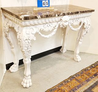 20TH C CARVED MARBLE TOP CONSOLE TABLE 35"H X 45 3/4"W X 19"D CORDTS MANSION