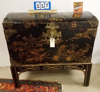 19TH C CHINESE LACQUER TRUNK ON STAND 33 1/2"H X 35"W X 19"D CORDTS MANSION