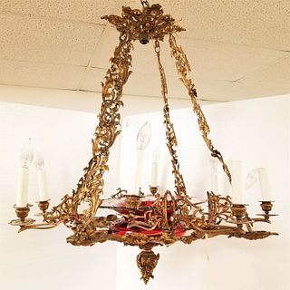 C1860 GILT BRONZE CHANDELIER W/ RUBY CUT TO CLEAR CENTER BOWL 33"H X 30" DIAM ORIG FOR CANDLES CORDTS MANSION