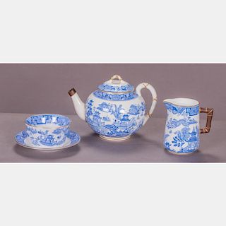 A Royal Worcester Three Piece Porcelain Service in the Blue Willow Pattern, 20th Century.