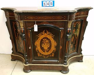VICT RENAISSANCE REVIVAL INLAID ROSEWOOD CONSOLE CABINET W/ ORMOLU MOUNTS ATTRIB TO HERTER BROS 42 1/4"H X 57"W X 17"D CORDTS MANSION