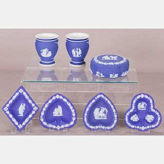 A Collection of Seven Wedgwood Dark Blue Jasperware Decorative Items, 20th Century,