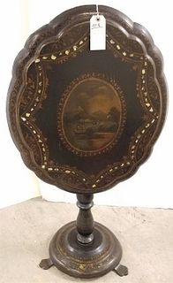 19TH C PAPER MACHE TILT TOP TABLE W/ MOP INLAY AND PTD 26 1/2"H X 23"W X 28"D CORDTS MANSION