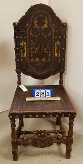19TH C. CARVED WALNUT CHAIR W. EMBOSSED LEATHER BACK SEAT 50"H X 21" W CORDTS MANSION