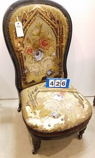 VICT C1860 SLIPPER CHAIR W/ NEEDLEPOINT AND BEAD UPHOLS 37" CORDTS MANSION