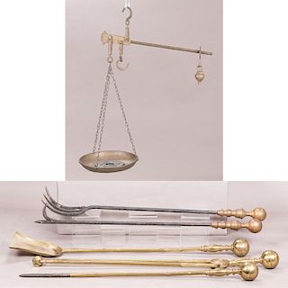 A Miscellaneous Collection of Brass and Wrought Metal Fire Tools and Balance, 19th/20th Century.