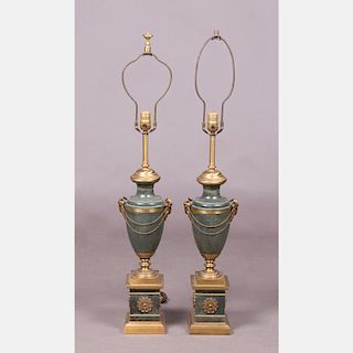A Pair of Louis XV Style Brass Urn Form Table Lamps, 20th Century.