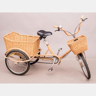 A Full Size Adult Rattan Wrapped Tricycle, 20th Century,
