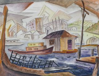 Glen Alps ''Lake Union'' (Houseboats) 1930's Watercolor