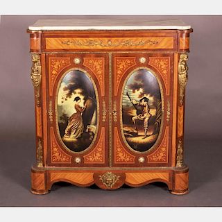 A Louis XVI Style Fruitwood Marquetry and Inlaid Cabinet, 20th Century,