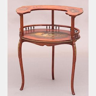 A French hand painted and transfer print decorated Fruitwood Two-Tier Side Table, 19th/20th Century.