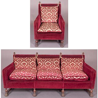 A Grand Rapids Carved Walnut Sofa and Armchairs with Velvet Upholstery, 20th Century.