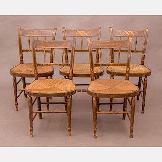 A Set of Five Federal Painted Side Chairs with Rush Seats and Stenciled Shell and Coral Motif, 18th Century.