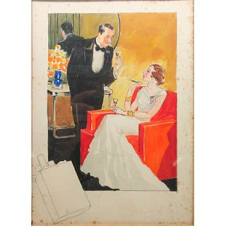 Vintage Watercolor Painting Art Deco Couple