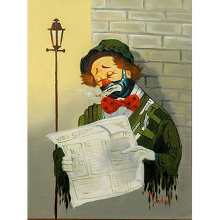 M. Dillon, Oil Painting on Canvas, Clown Reading Paper