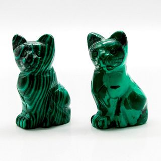 Pair of Vintage Carved Green Malachite Cat Figurines