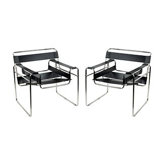 (2) Pair of Wassily Style Black Leather Chrome Chairs