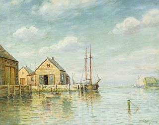 T Bailey Signed Harbor Scene Painting
