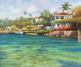 J.C. Seo O/C Florida Harbor Scene Painting Framed