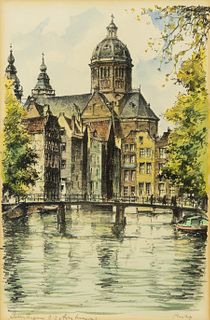 Amsterdam Signed Cityscape Mixed Media with Watercolor