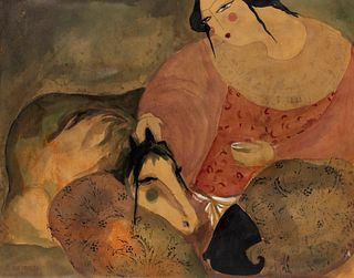 Ardeshir Arjang Woman and Horse Watercolor
