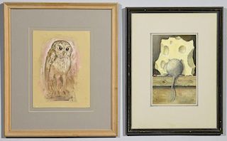 2 Werner Wildner Watercolors, Mouse & Owl