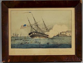 Framed Currier & Ives Hand-colored Engraving The Sinking of the Cumberland by the Iron Clad Merrimac, Off Newport News VA March 8th