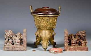 Chinese Dragon Bangle, Bronze Censer & Bookends