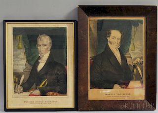 Two Framed Currier Hand-colored Engravings of Martin Van Buren and William   Henry Harrison