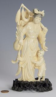 Ivory okimono, woman and child