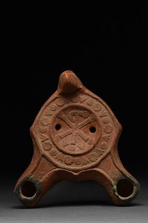 ROMAN RED WARE DOUBLE SPOUTED OIL LAMP WITH CHI-RHO