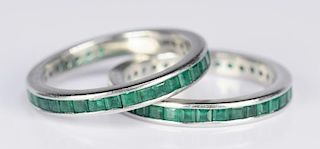 Pair Emerald and Platinum Eternity Rings