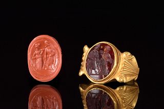 ROMAN ASCLEPIUS AND HYGEIA INTAGLIO IN GOLD RING