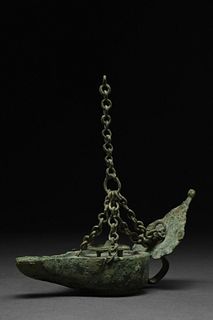 ROMAN BRONZE OIL LAMP WITH LEAF-SHAPED REFLECTOR