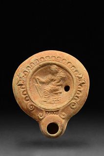 ROMAN TERRACOTTA OIL LAMP WITH ENTHRONED FORTUNA