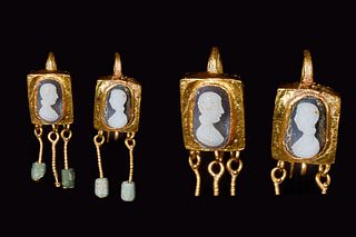 ROMAN GOLD EARRINGS WITH CAMEO PORTRAITS AND DANGLING BEADS