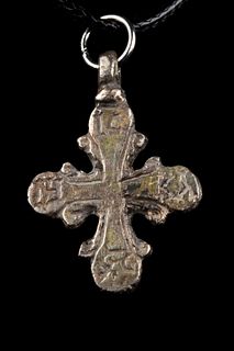 BYZANTINE GOLD GILDED SILVER CROSS WITH SCRIPT