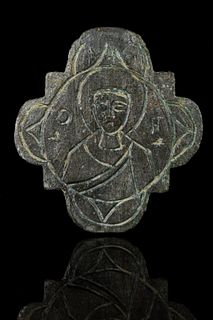 BYZANTINE SILVERED FITTING FROM A BIBLE WITH SAINT