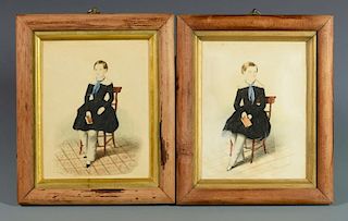 Pair of Watercolor Portraits of Seated Children